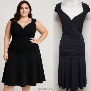 90s Vintage London Times Black Pleated Plunging Neckline Drop Waist Midi Dress